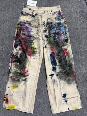 Acne Studios SS25 1981 Hand-Painted Print Cargo Wide-Leg Jeans (Unisex)